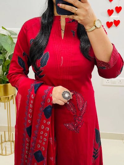 Beautiful Red Cotton Printed Straight Suit Set - BONYHUBSALWAR KAMEEZ