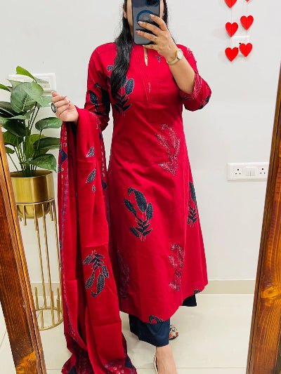 Beautiful Red Cotton Printed Straight Suit Set - BONYHUBSALWAR KAMEEZ