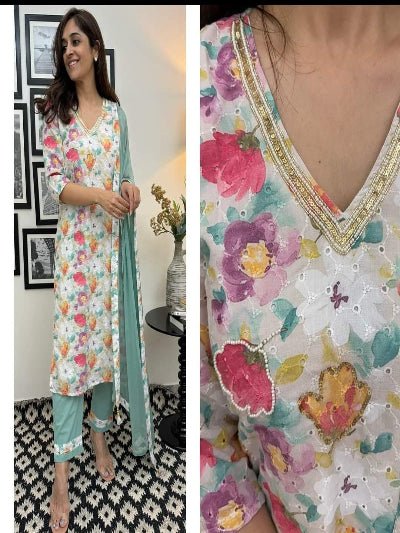 Beautiful White Printed pure Shifli linen Straight Suit Set - BONYHUBSALWAR KAMEEZ