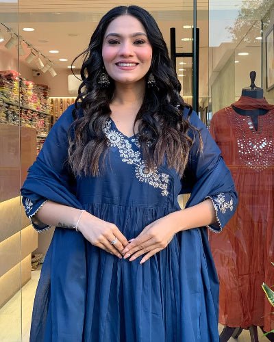 Royal Blue Cotton Embroidery Straight Suit Set - BONYHUBSALWAR KAMEEZ