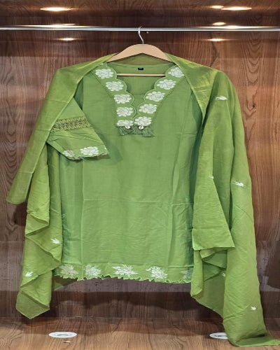 Pista Green Cotton Embroidery Straight Suit Set - BONYHUBSALWAR KAMEEZ