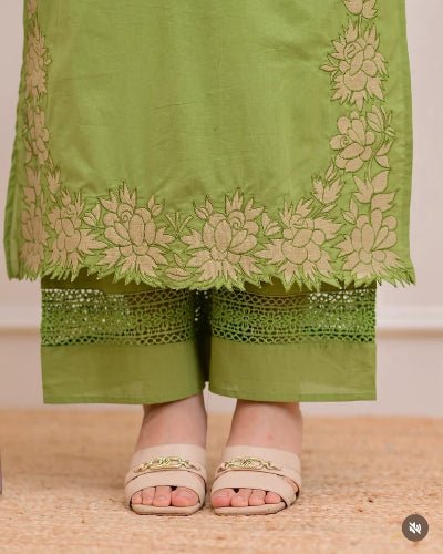 Pista Green Cotton Embroidery Straight Suit Set - BONYHUBSALWAR KAMEEZ