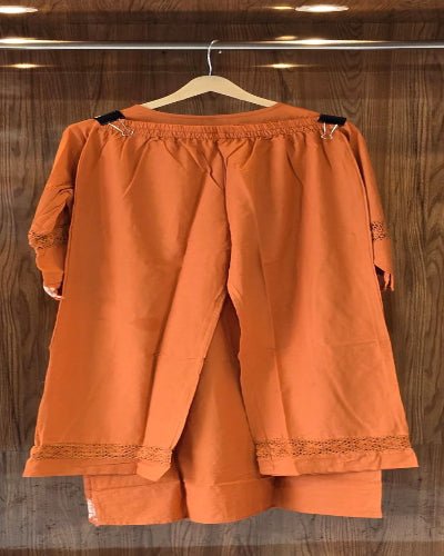 Warm Orange Cotton Embroidery Straight Suit Set - BONYHUBSALWAR KAMEEZ