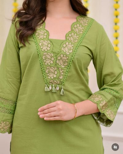 Pista Green Cotton Embroidery Straight Suit Set - BONYHUBSALWAR KAMEEZ