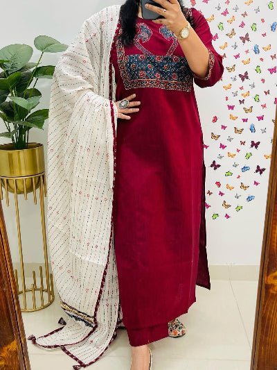 Elegant Maroon Cotton Patch Work Straight Suit Set - BONYHUBSALWAR KAMEEZ