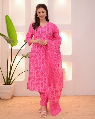 Beautiful Pink Cotton Printed Straight Suit Set - BONYHUBSALWAR KAMEEZ