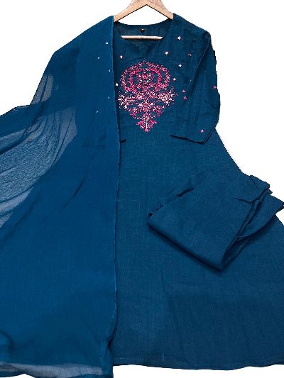 Dark Teal Cotton Floral Embroidery Straight Suit Set - BONYHUBSALWAR KAMEEZ