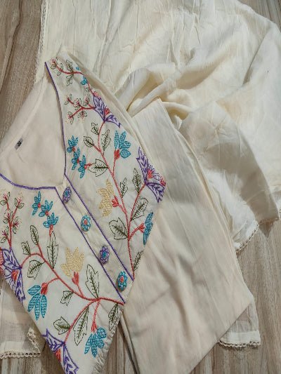 Beautiful White Embroidery Neck Yoke Cotton Straight Suit Set - BONYHUBSALWAR KAMEEZ