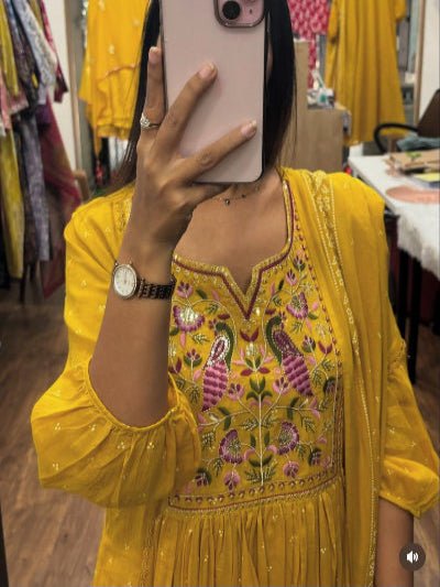 Elegant Yellow Flaired Embroidered Pure Cotton Anarkali Suit Set - BONYHUBSALWAR KAMEEZ