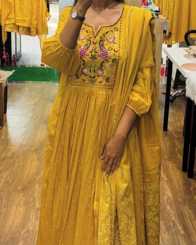 Elegant Yellow Flaired Embroidered Pure Cotton Anarkali Suit Set - BONYHUBSALWAR KAMEEZ