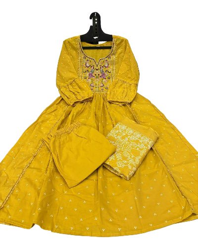 Elegant Yellow Flaired Embroidered Pure Cotton Anarkali Suit Set - BONYHUBSALWAR KAMEEZ