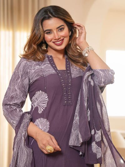 Dusty Purple Cotton Hand Work Straight Suit Set - BONYHUBSALWAR KAMEEZ