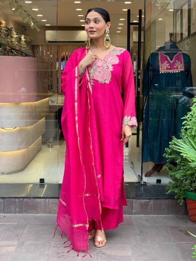 Stunning Hot Pink Embriodery Work Cotton Straight Suit Set - BONYHUBSALWAR KAMEEZ