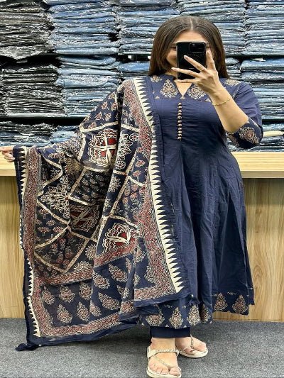 Classic Navy Blue Katha Embroidery Cotton Straight Suit Set - BONYHUBSALWAR KAMEEZ