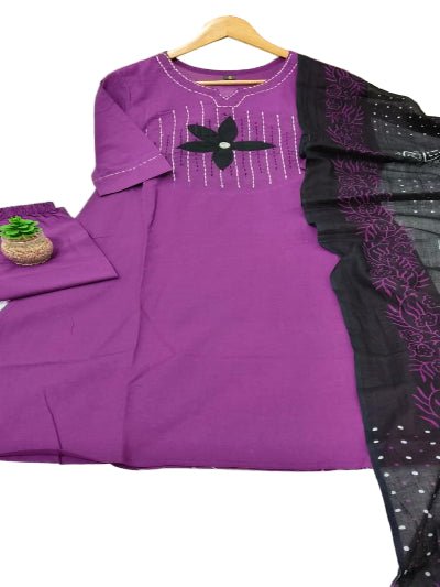 Trendy Purple Neck handwork Cotton Straight Suit Set - BONYHUBSALWAR KAMEEZ