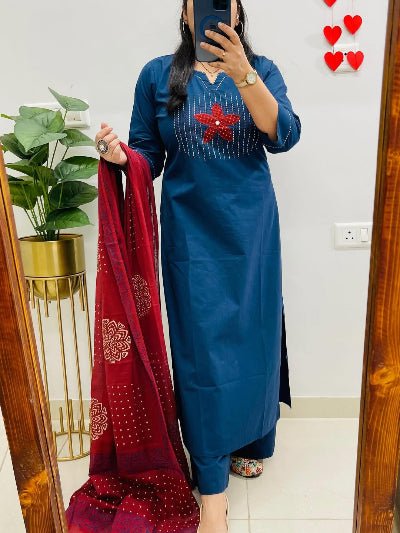 Stylish Blue Neck handwork Cotton Straight Suit Set - BONYHUBSALWAR KAMEEZ