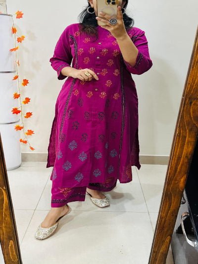 Elegant Magenta Thread Detailing Cotton Kurti Pant Set Of 2 - BONYHUBSALWAR KAMEEZ
