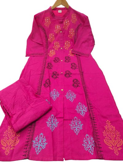Elegant Magenta Thread Detailing Cotton Kurti Pant Set Of 2 - BONYHUBSALWAR KAMEEZ