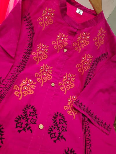 Elegant Magenta Thread Detailing Cotton Kurti Pant Set Of 2 - BONYHUBSALWAR KAMEEZ