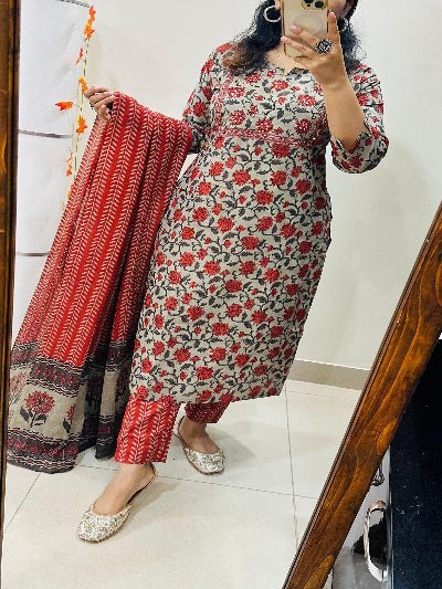 Classic Red Azrak Print Embroidery Cotton Straight Suit Set - BONYHUBSALWAR KAMEEZ