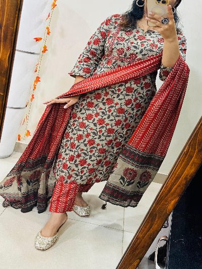 Classic Red Azrak Print Embroidery Cotton Straight Suit Set - BONYHUBSALWAR KAMEEZ