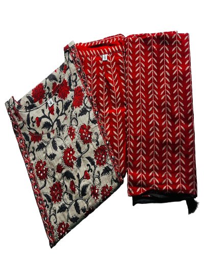Classic Red Azrak Print Embroidery Cotton Straight Suit Set - BONYHUBSALWAR KAMEEZ