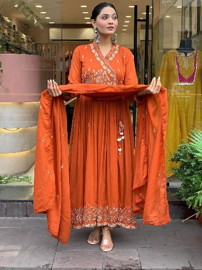 Trendy Orange Angrakha Cotton Anarkali Suit Set - BONYHUBSALWAR KAMEEZ