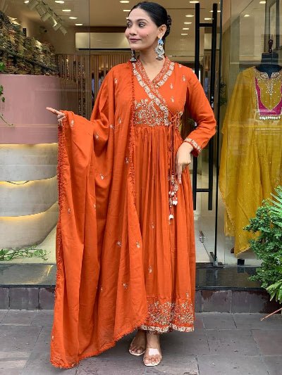 Trendy Orange Angrakha Cotton Anarkali Suit Set - BONYHUBSALWAR KAMEEZ