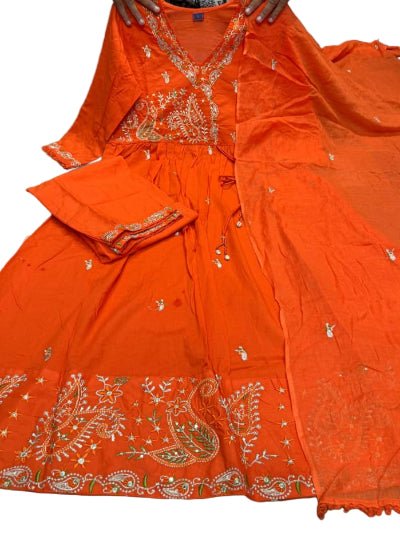 Trendy Orange Angrakha Cotton Anarkali Suit Set - BONYHUBSALWAR KAMEEZ
