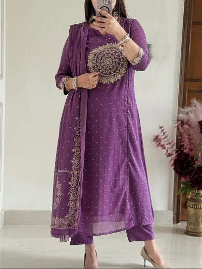 Stylish Purple Cotton Embroidered Yoke Straight Suit Set - BONYHUBSALWAR KAMEEZ