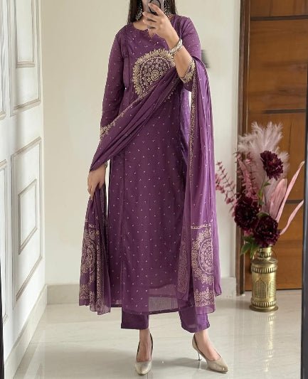 Stylish Purple Cotton Embroidered Yoke Straight Suit Set - BONYHUBSALWAR KAMEEZ