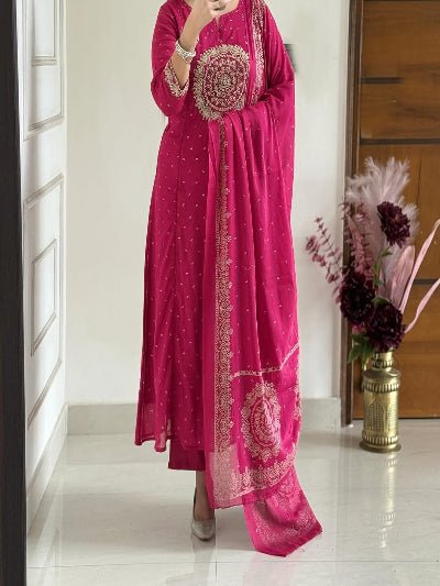Beautiful Magenta Cotton Embroidered Yoke Straight Suit Set - BONYHUBSALWAR KAMEEZ