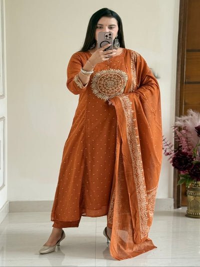 Dusty Orange Cotton Embroidered Yoke Anarkali Suit Set - BONYHUBSALWAR KAMEEZ