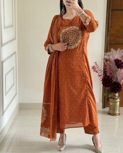 Dusty Orange Cotton Embroidered Yoke Anarkali Suit Set - BONYHUBSALWAR KAMEEZ
