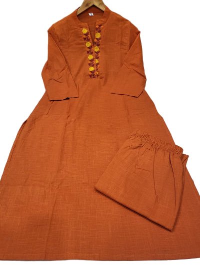 Classy Bright Orange Cotton V - Neck Kurti Pant Set Of 2 - BONYHUBSALWAR KAMEEZ