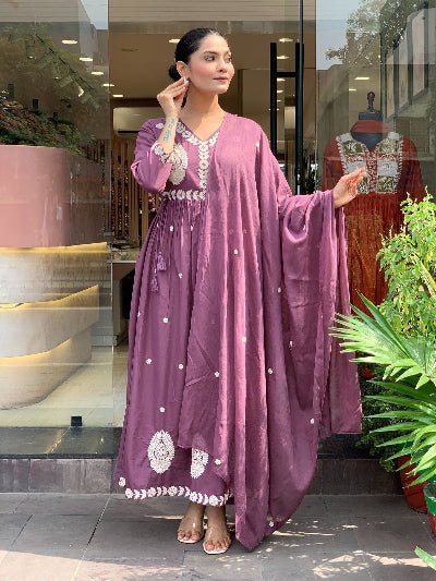 Onion Purple Embroidery Cotton Anarkali Suit Set - BONYHUBSALWAR KAMEEZ
