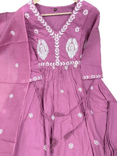 Onion Purple Embroidery Cotton Anarkali Suit Set - BONYHUBSALWAR KAMEEZ