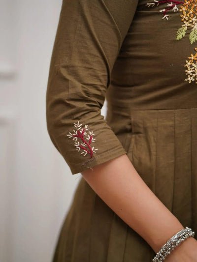 Stylish Olive Green Cotton Embroidery Anarkali Suit Set - BONYHUBSALWAR KAMEEZ