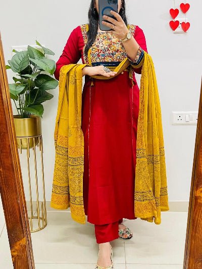 Classic Red Cotton Embroidery Straight Suit Set - BONYHUBSALWAR KAMEEZ
