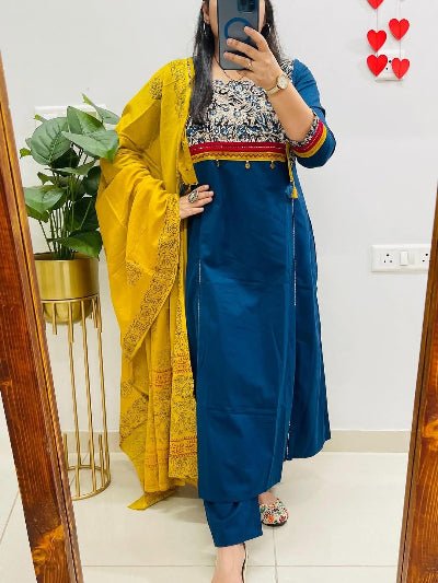 Elegant Blue Cotton Embroidery Straight Suit Set - BONYHUBSALWAR KAMEEZ