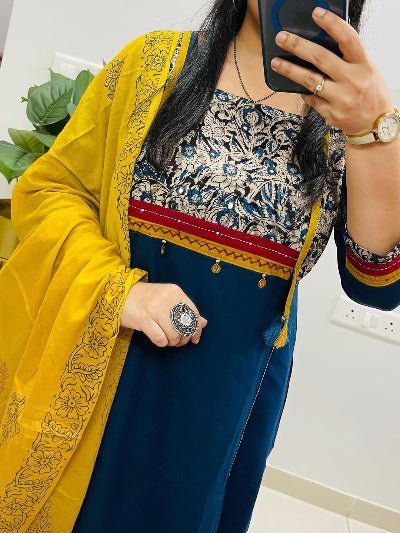 Elegant Blue Cotton Embroidery Straight Suit Set - BONYHUBSALWAR KAMEEZ