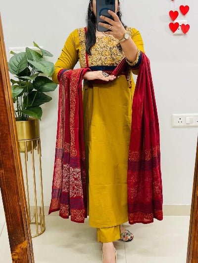 Mustard Yellow Cotton Embroidery Straight Suit Set - BONYHUBSALWAR KAMEEZ