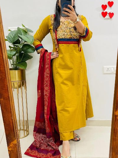Mustard Yellow Cotton Embroidery Straight Suit Set - BONYHUBSALWAR KAMEEZ