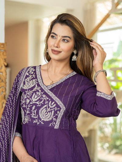 Beautiful Purple Cotton Embroidery Anarkali Suit Set - BONYHUBSALWAR KAMEEZ