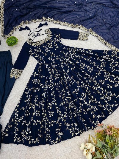Navy Blue Georgette Embroidery work Anarkali Suit Set - BONYHUBSALWAR KAMEEZ