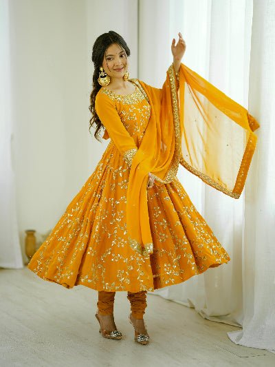 Yellow Georgette Embroidery Work Anarkali Suit Set – BONYHUB