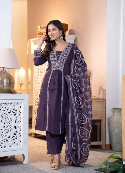 Elegant Purple Adda Work Cotton Anarkali Suit Set - BONYHUBSALWAR KAMEEZ