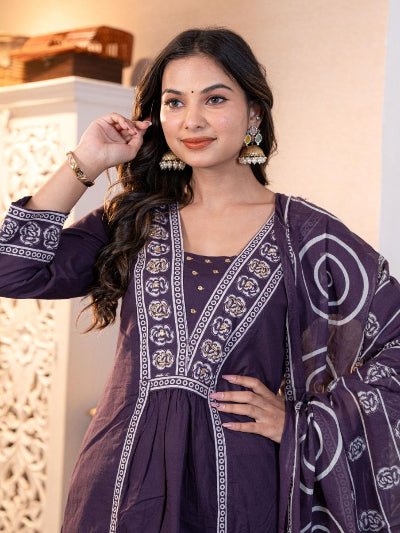 Elegant Purple Adda Work Cotton Anarkali Suit Set - BONYHUBSALWAR KAMEEZ