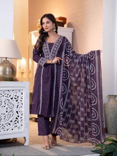 Elegant Purple Adda Work Cotton Anarkali Suit Set - BONYHUBSALWAR KAMEEZ