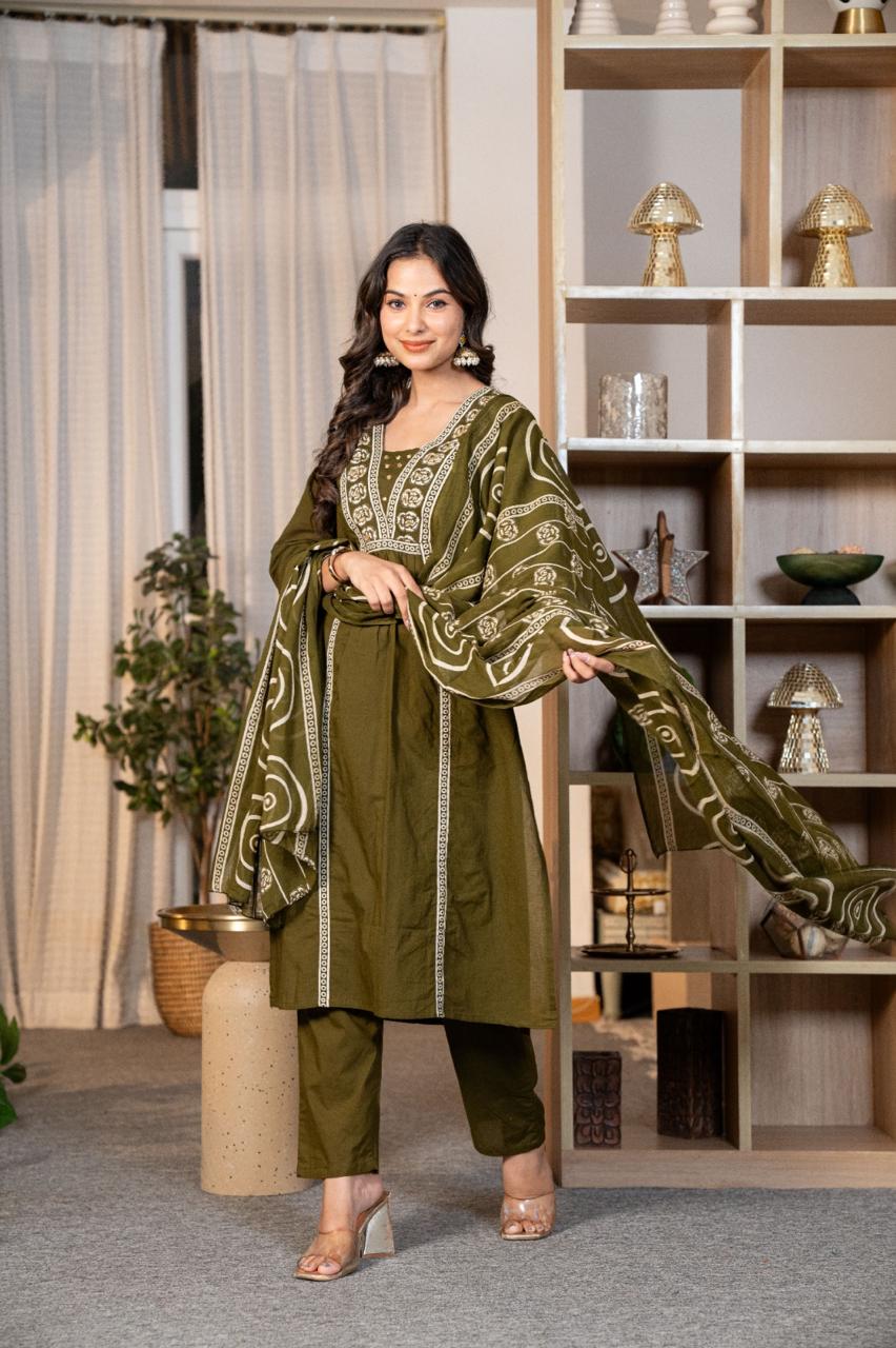 Olive Green Adda Work Cotton Anarkali Suit Set - BONYHUBSALWAR KAMEEZ